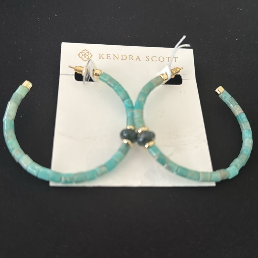 Kendra Scott Insley Gold Hoop Earrings In Teal Amazonite, BRAND NEW, $98 - Picture 3 of 5